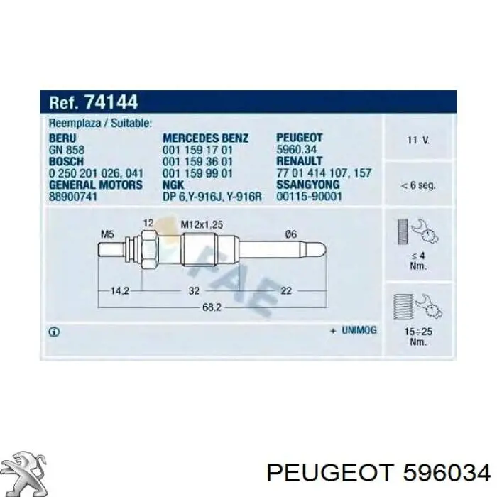 Bujía de incandescencia 596034 Peugeot/Citroen