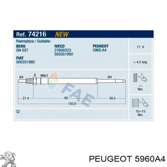 Свечи накала Peugeot/Citroen 5960A4 цена, от 11.01 USD
