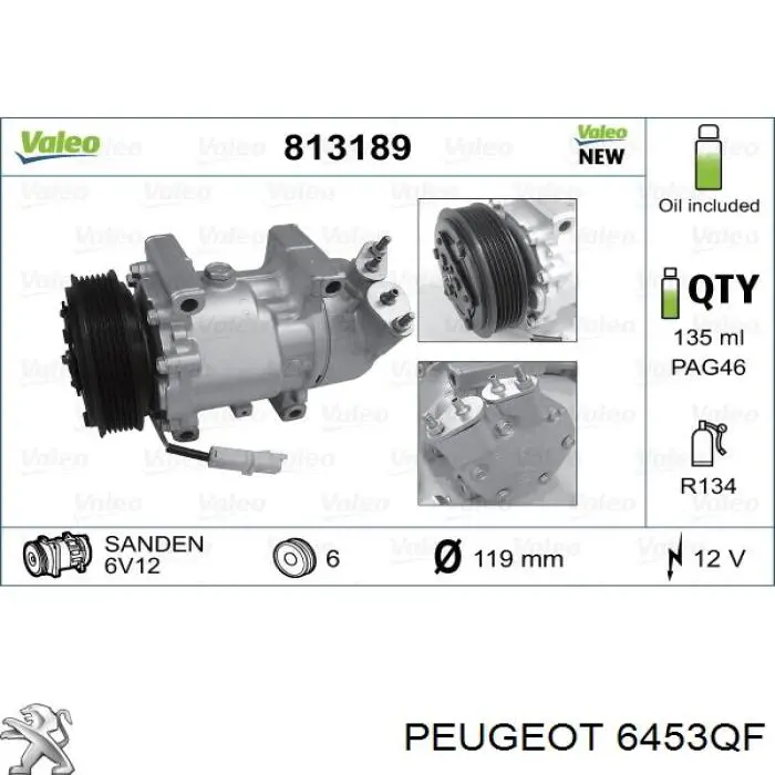Компрессор системы кондиционирования Peugeot/Citroen 6453QF цена, от 88.69 USD