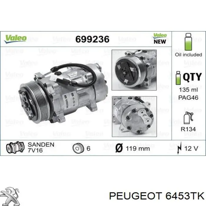 Compresor de aire acondicionado 6453TK Peugeot/Citroen