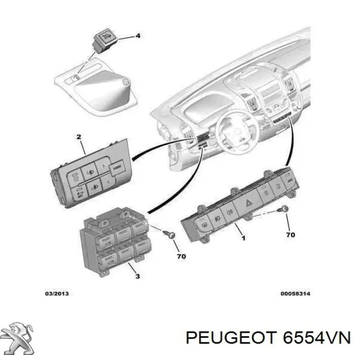 6554VN Peugeot/Citroen bloco de botões do console central