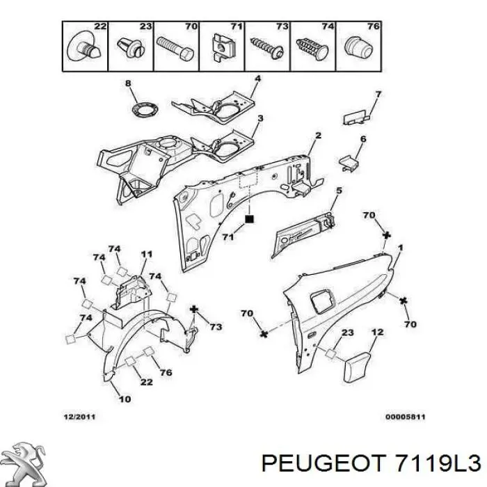 7119L3 Peugeot/Citroen Панель брызговика (лонжерона) моторного отсека, левая