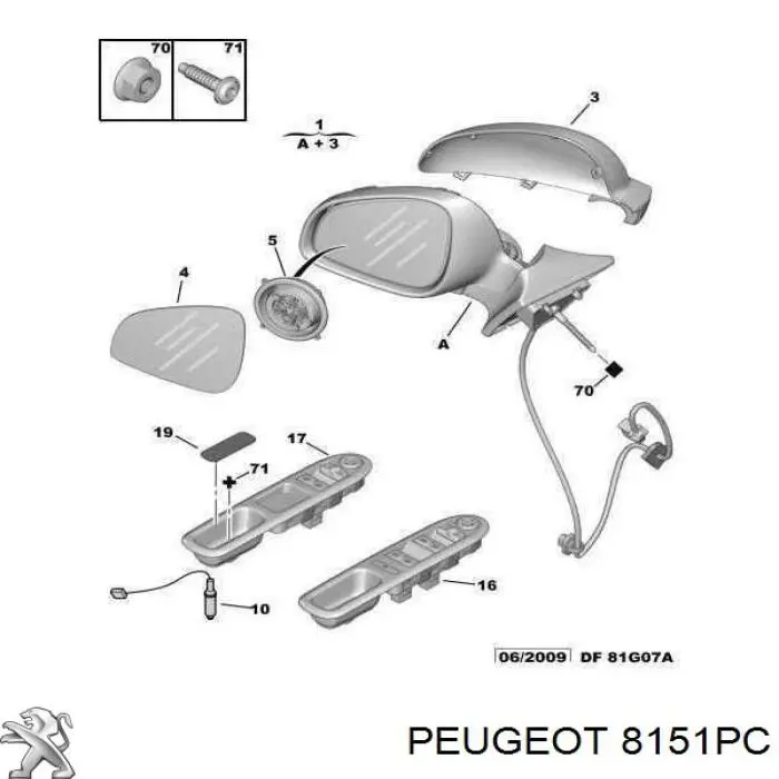 Зеркальный элемент зеркала заднего вида правого 8151PC Peugeot/Citroen