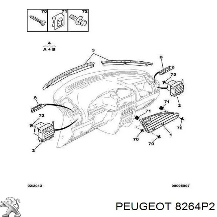 Решетка вентиляции салона на "торпедо" 8264P2 Peugeot/Citroen