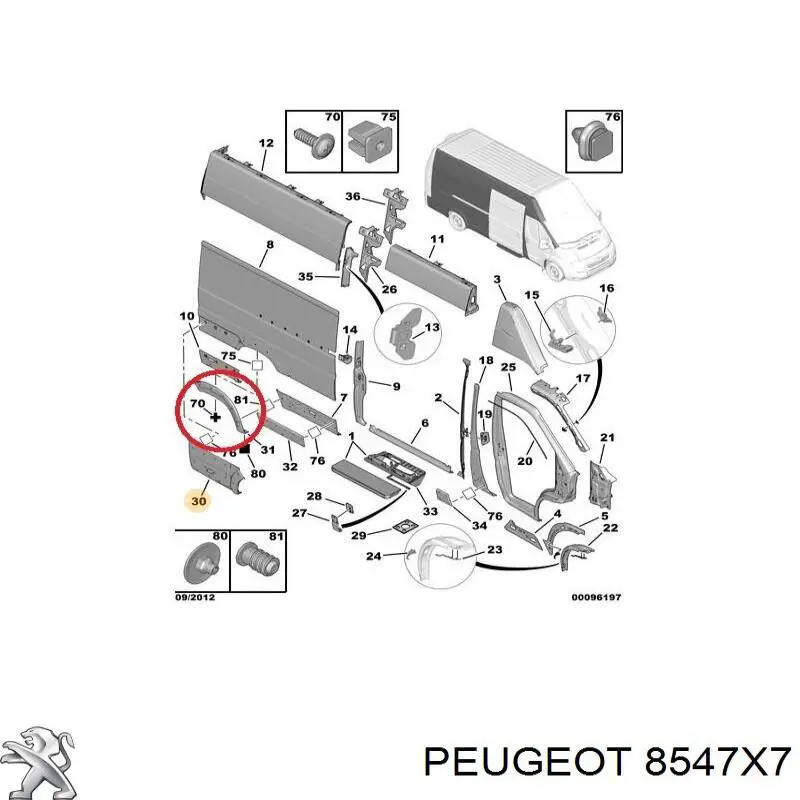 8547X7 Peugeot/Citroen expansor direito (placa sobreposta de arco do pára-lama traseiro)