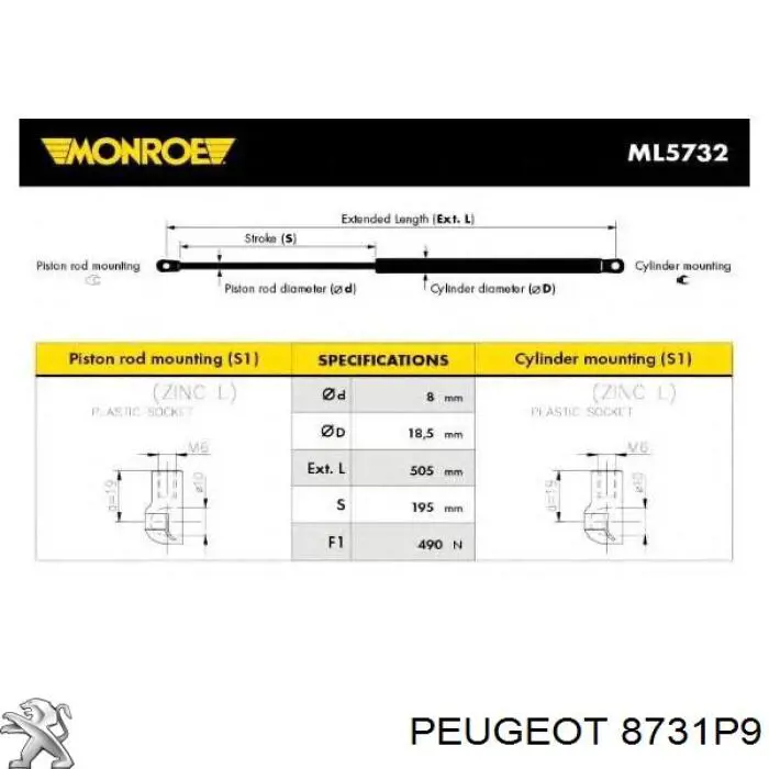 8731P9 Peugeot/Citroen амортизатор багажника