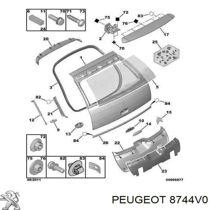 8744.V0 Peugeot/Citroen vidro de porta-malas de 3ª/5ª porta traseira (de tampa de alcapão)