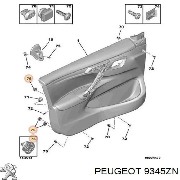 Clips Fijación, revestimiento puerta 9345ZN Peugeot/Citroen