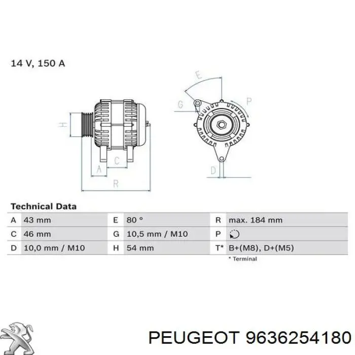 Генератор 9636254180 Peugeot/Citroen