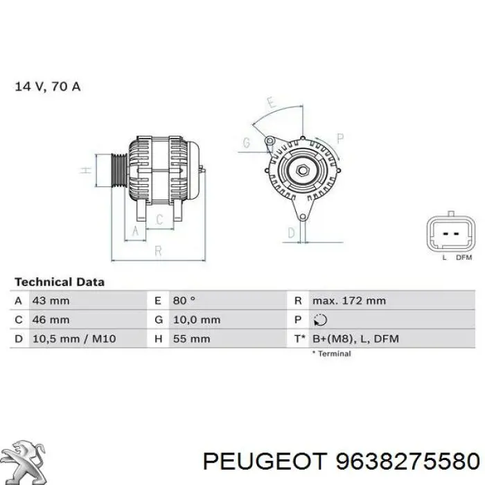 Генератор 9638275580 Peugeot/Citroen