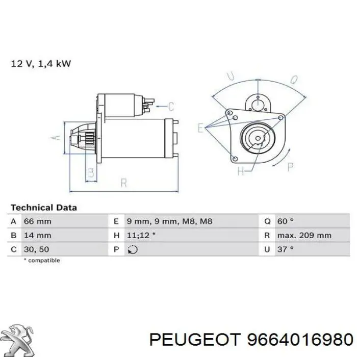9664016980 Peugeot/Citroen Стартер автомобиля