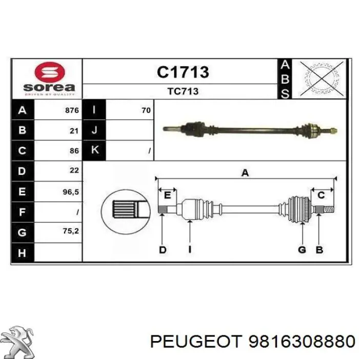 Árbol de transmisión delantero derecho 9816308880 Peugeot/Citroen