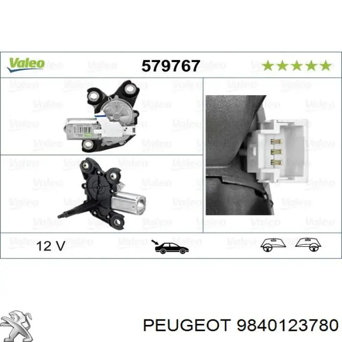 9840123780 Peugeot/Citroen motor de limpador pára-brisas de vidro traseiro