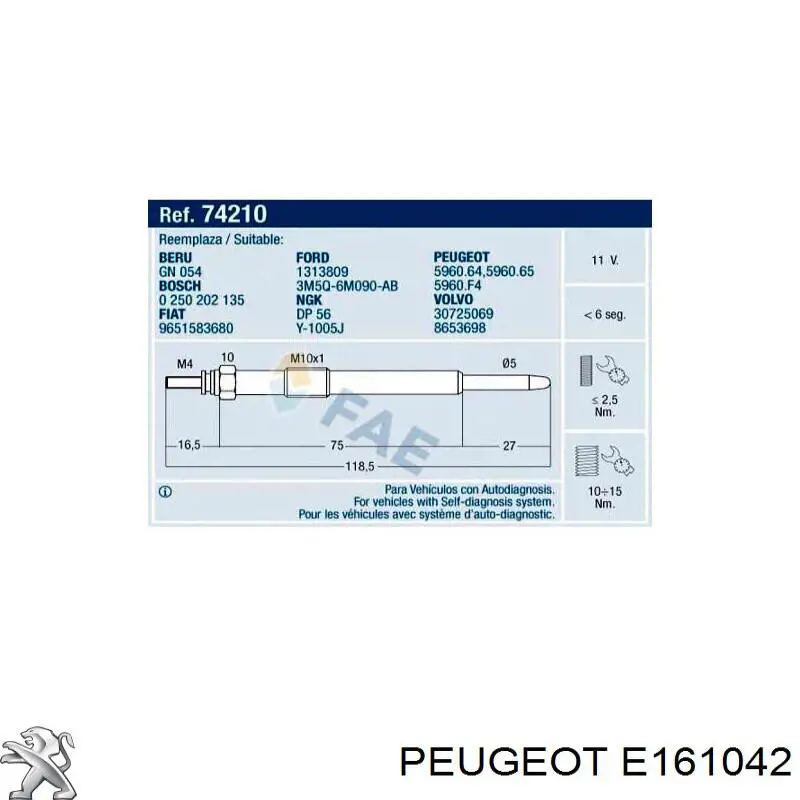 Купить E161042 Peugeot/Citroen Свечи накала