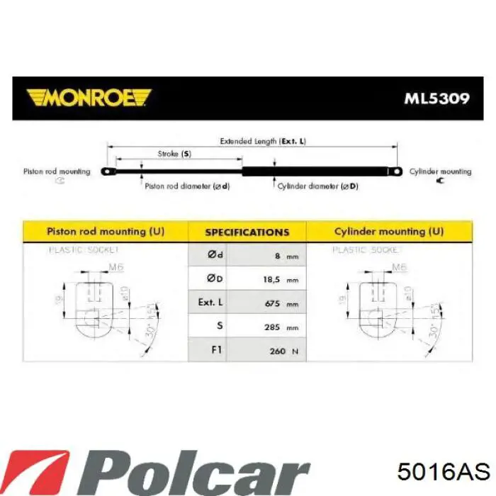 Амортизатор капота газовый Polcar 5016AS цена, от 10.15 USD