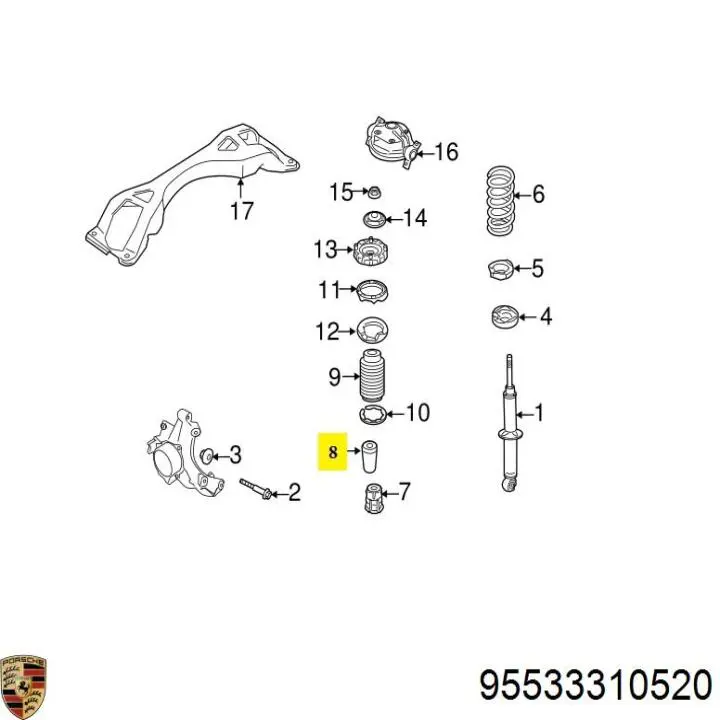 95533310520 Porsche pára-choque (grade de proteção de amortecedor traseiro + bota de proteção)