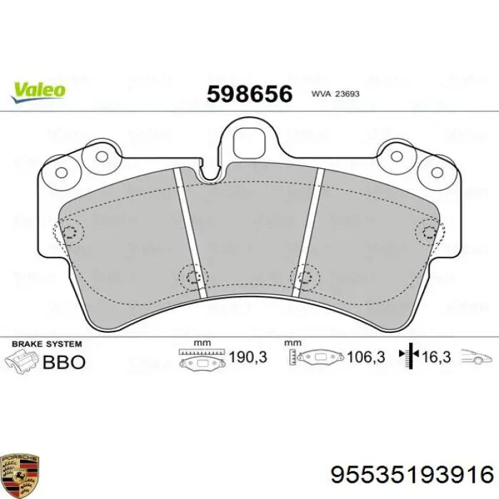 Купить 95535193916 Porsche Колодки тормозные