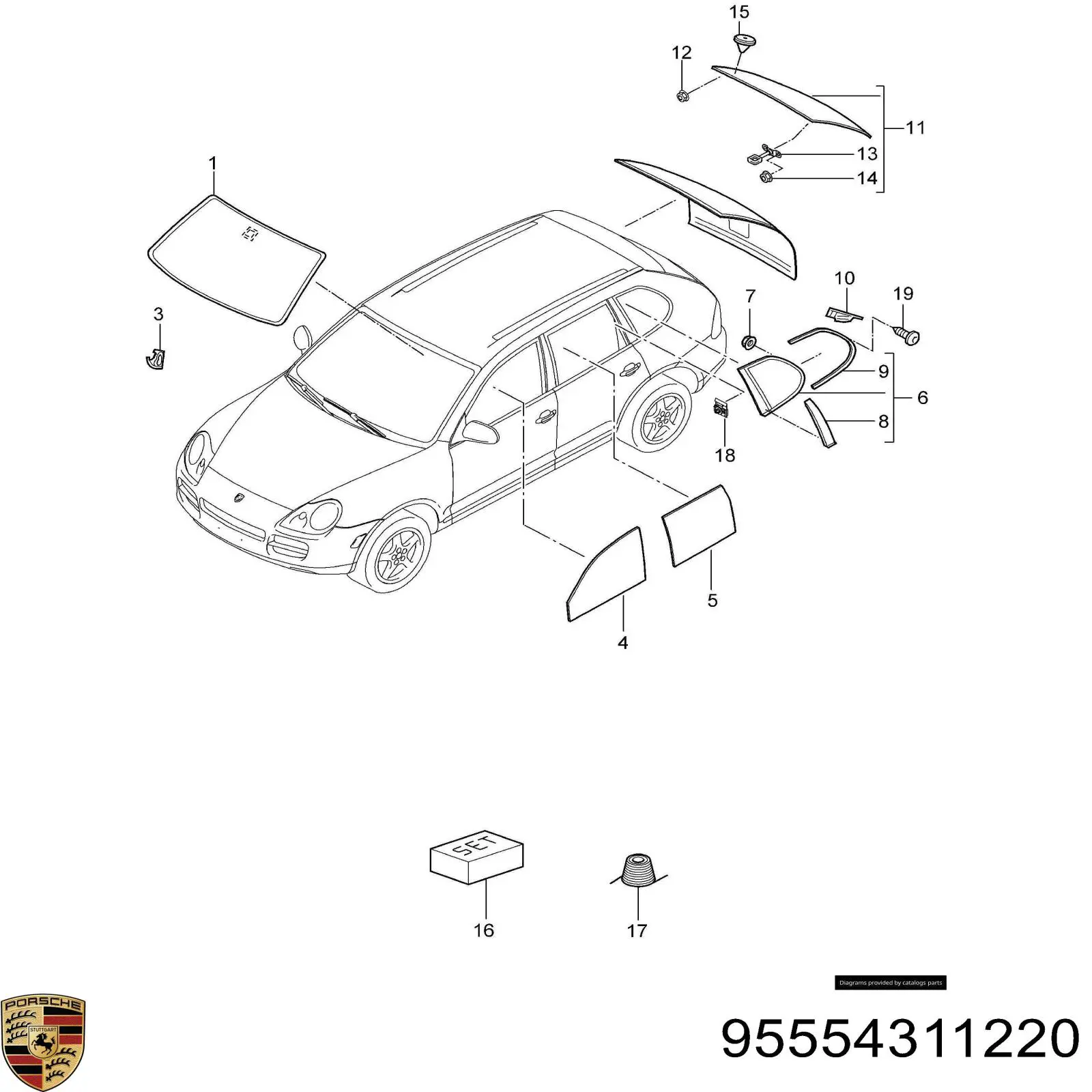 95554311220 Porsche Стекло багажного отсека, правое
