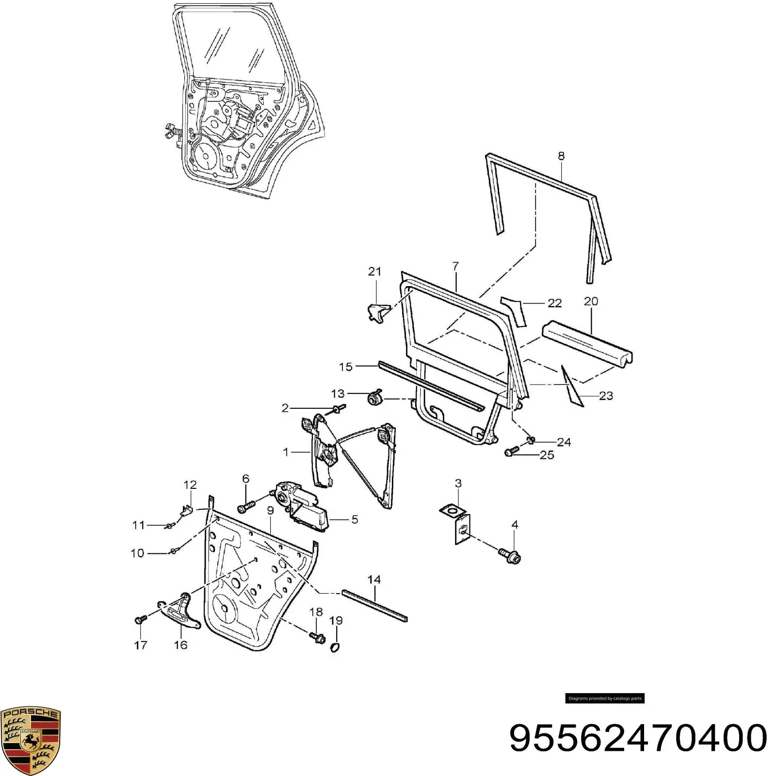 95562470400 Porsche motor de acionamento de vidro da porta traseira direita