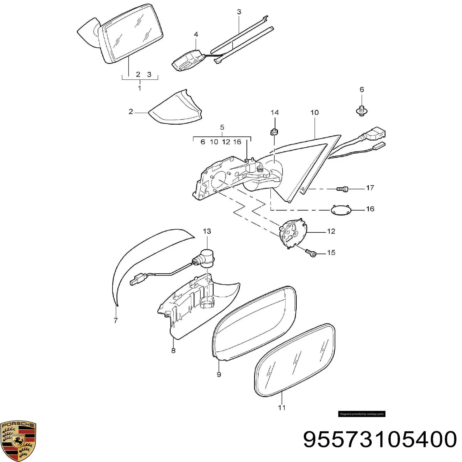 Зеркальный элемент зеркала заднего вида правого 95573105400 Porsche