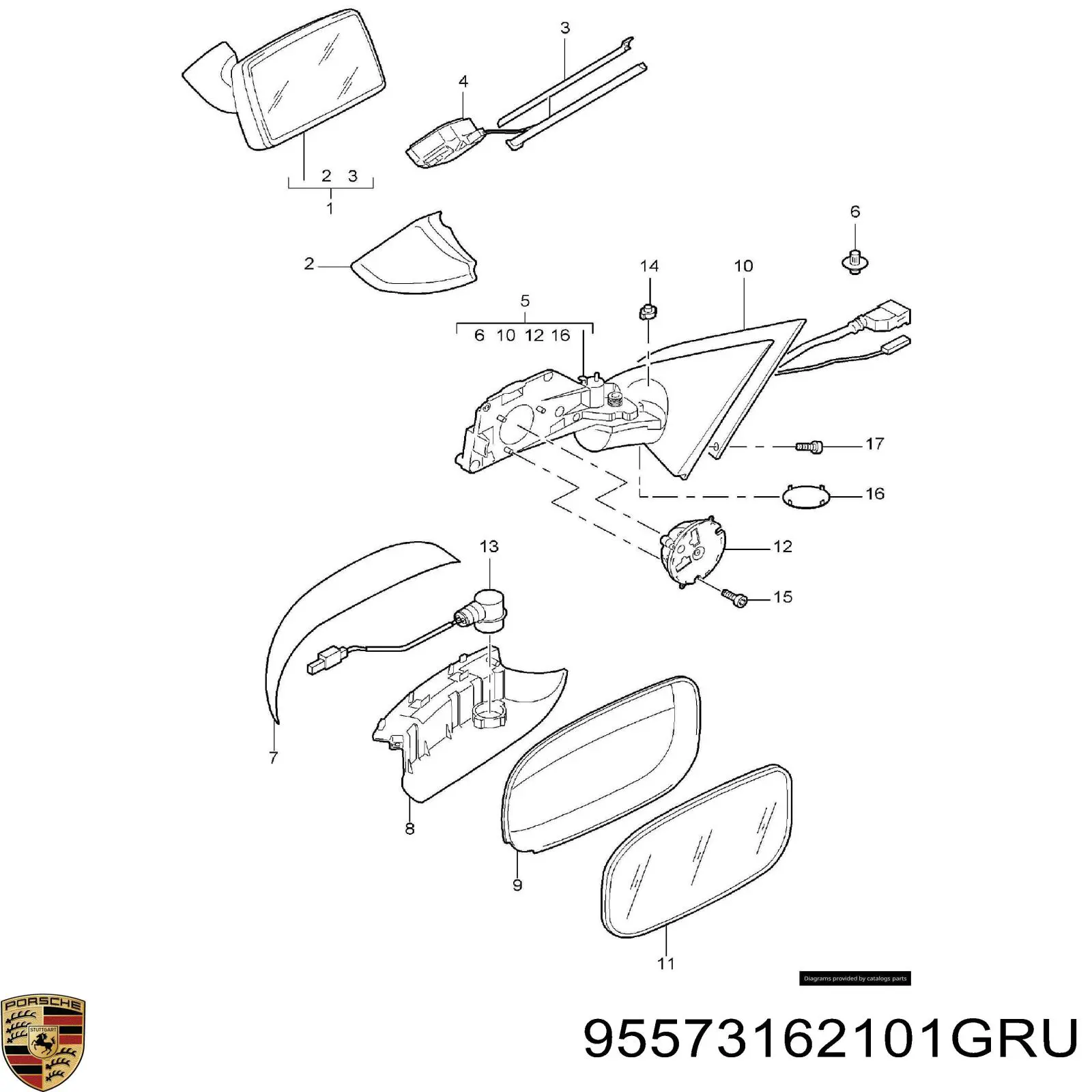 95573162101GRU Porsche placa sobreposta (tampa do espelho de retrovisão esquerdo)