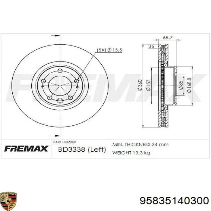 Передние тормозные диски 95835140300 Porsche