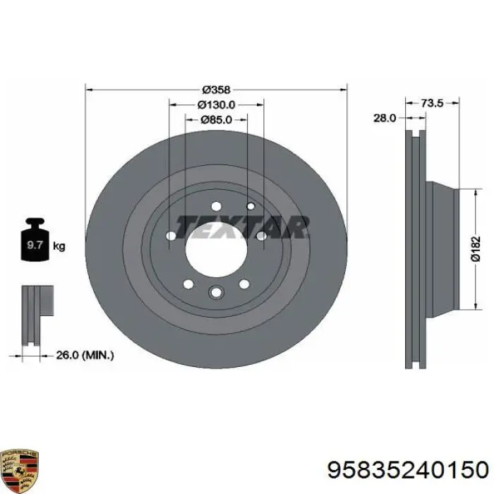 Купить 95835240150 Porsche Диск тормозной задний