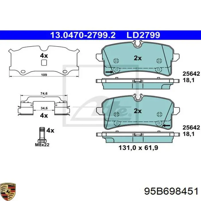 95B698451 Porsche колодки тормозные задние дисковые