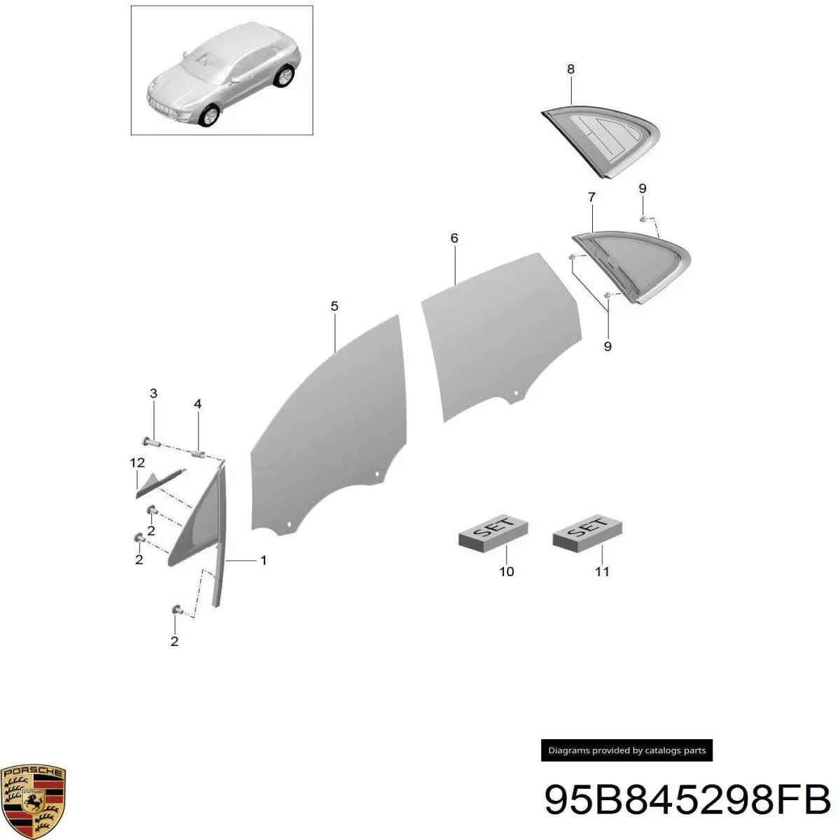 95B845298DB Porsche Стекло багажного отсека, правое