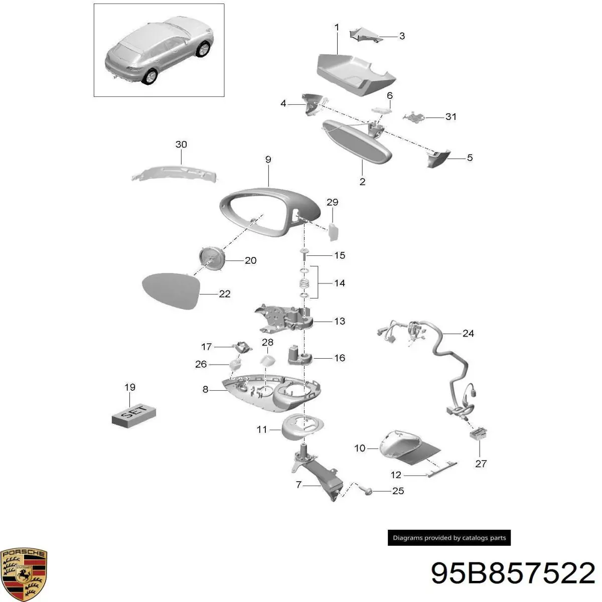 95B857522 Porsche elemento espelhado do espelho de retrovisão direito