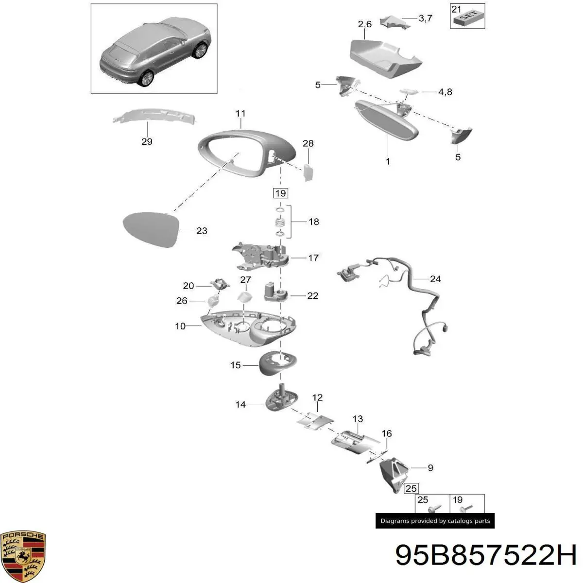 95B857522H Porsche elemento espelhado do espelho de retrovisão direito