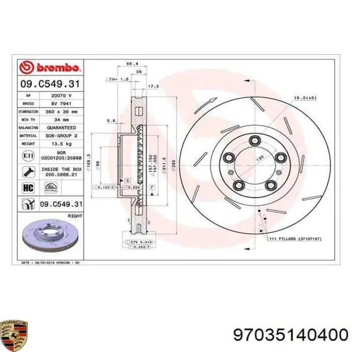 Купить 97035140400 Porsche Ротор тормозной