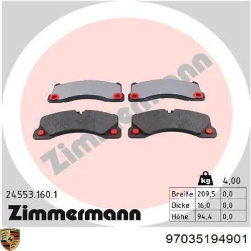 Купить 97035194901 Porsche Колодки тормозные