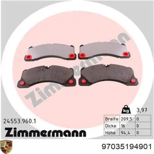 Передние тормозные колодки 97035194901 Porsche