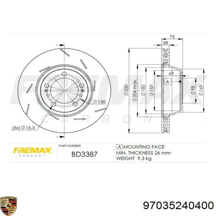 Тормозные диски 97035240400 Porsche