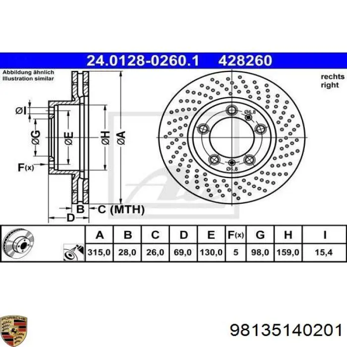 Передние тормозные диски 98135140201 Porsche