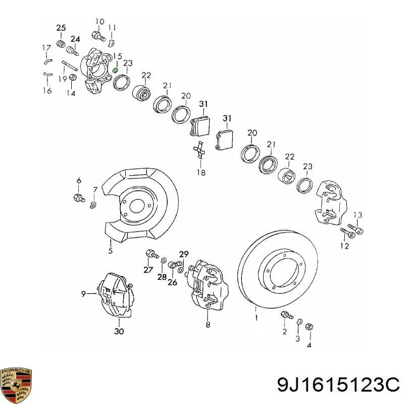 Купить 9J1615123C Porsche Суппорт тормозной передний левый
