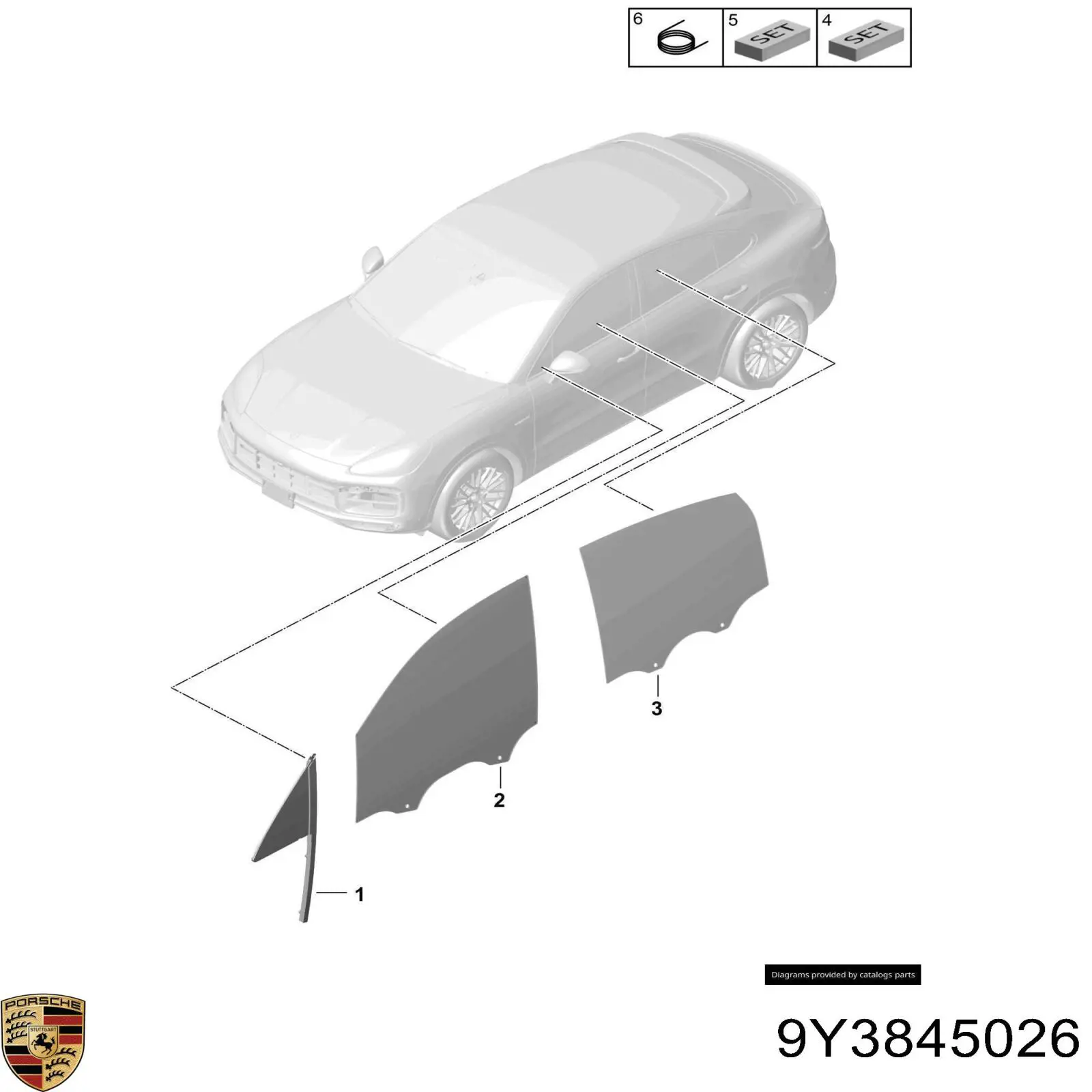 9Y3845026 Porsche Стекло задней правой двери