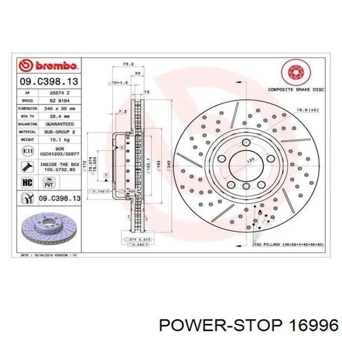 16996 Power Stop Колодки тормозные дисковые комплект