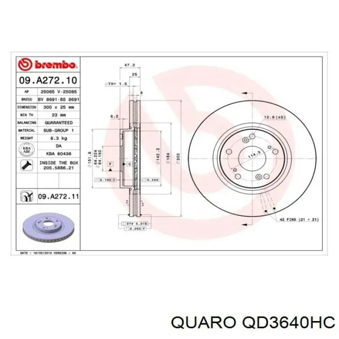 Передние тормозные диски QD3640HC Quaro