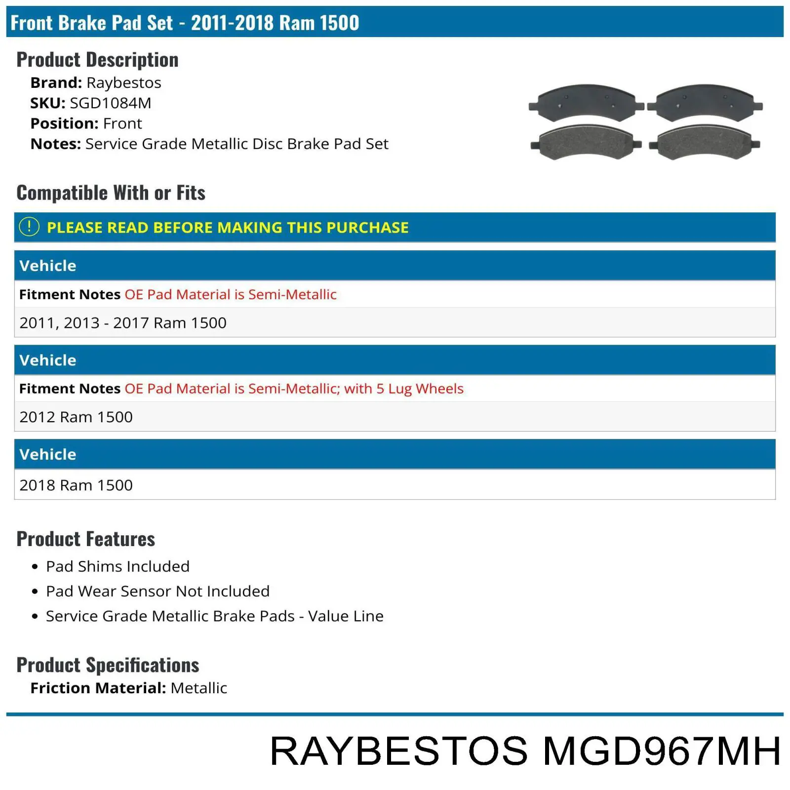 Колодки тормозные задние дисковые Raybestos MGD967MH