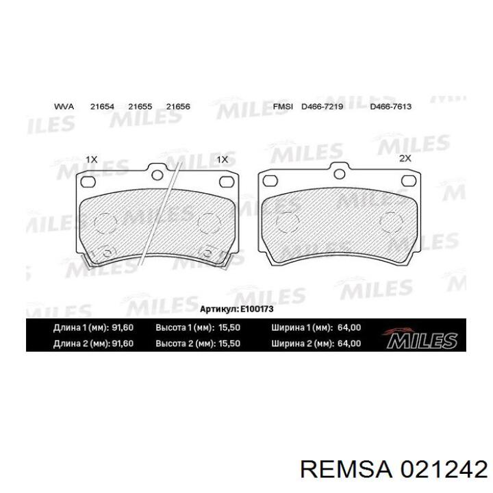 Передние тормозные колодки 021242 Remsa
