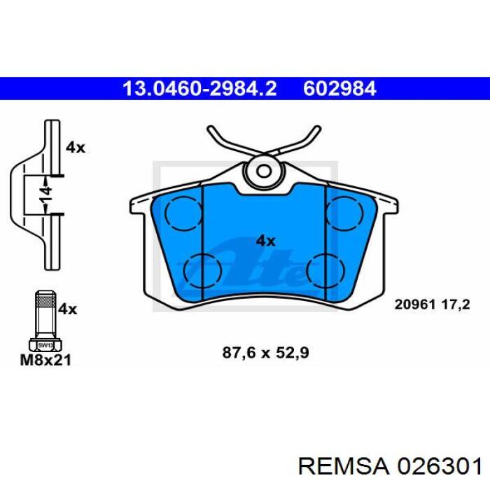Задние тормозные колодки 026301 Remsa