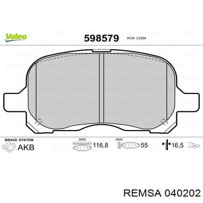 Передние тормозные колодки 040202 Remsa