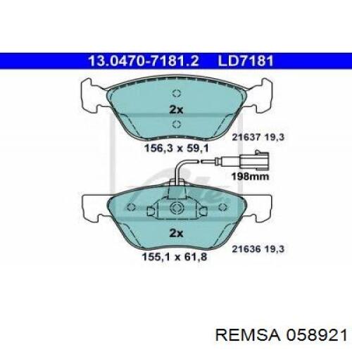Передние тормозные колодки 058921 Remsa