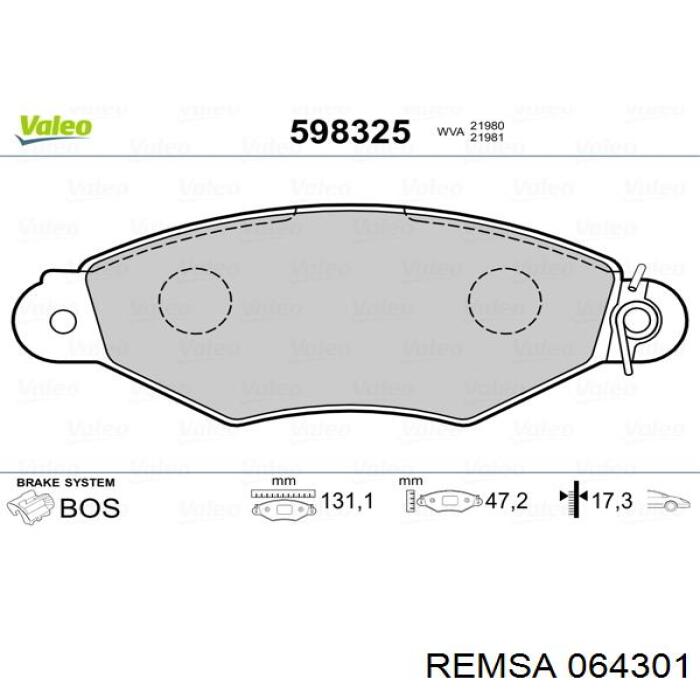 Передние тормозные колодки 064301 Remsa