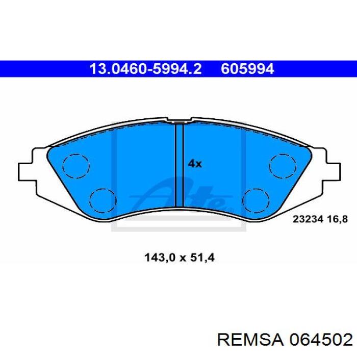 Колодки гальмівні передні, дискові 064502 Remsa