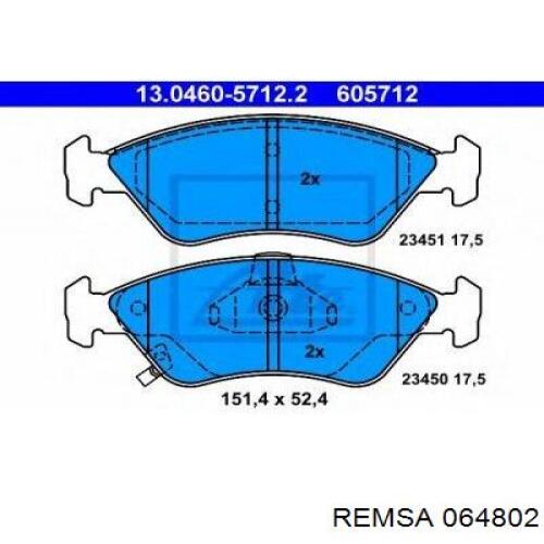 Купить 064802 Remsa Колодки тормозные