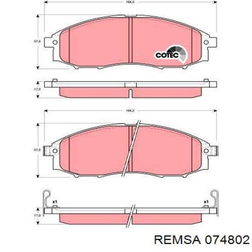 Передние тормозные колодки 074802 Remsa