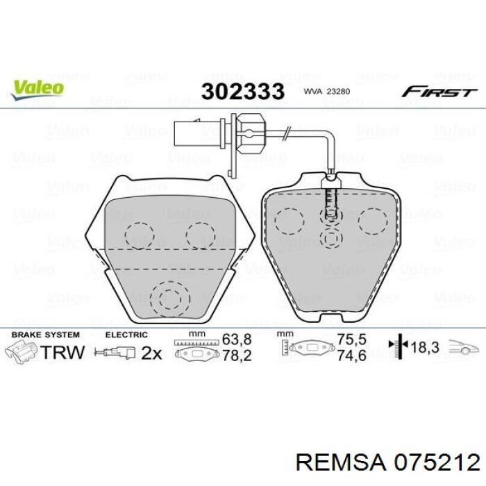 Передние тормозные колодки 075212 Remsa
